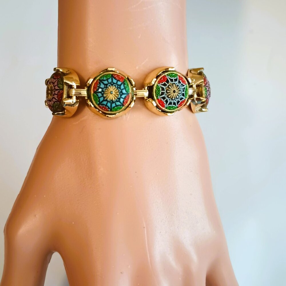 Round Colorful Mandala Link Bracelet 6" Women's Gold Tone Cabochon Jewelry